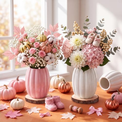 Rtteri 6 Set 5.12" Ceramic Pumpkin Vase with Wood Slices Glazed Fall Flower Pots for Autumn Home Decor Smooth Pottery Planter Pack for Thanksgiving Tabletop Decoration Housewarming Gifts(Pink, White) - Image 6