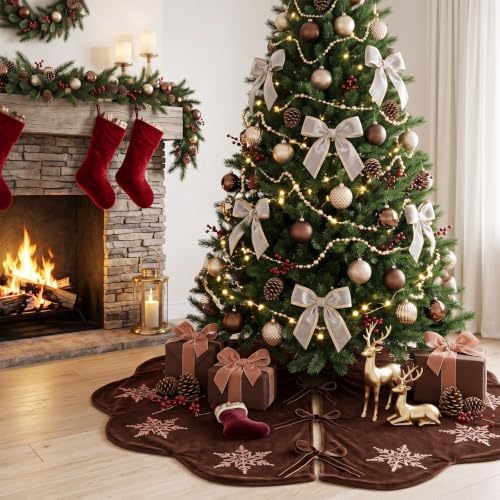Hollowfly Brown Velvet Christmas Tree Skirt with Sequin Snowflake 48'' - Image 4