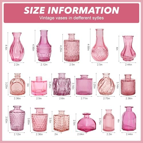 Colored Glass Vases Bulk 32 Pcs - Assorted Vintage Bud Vases for Wedding Centerpieces, Rustic Embossed Glass Bottles for Table Decor, Home Floral Arrangements with Pink Series (2-6 Inch) - Image 4