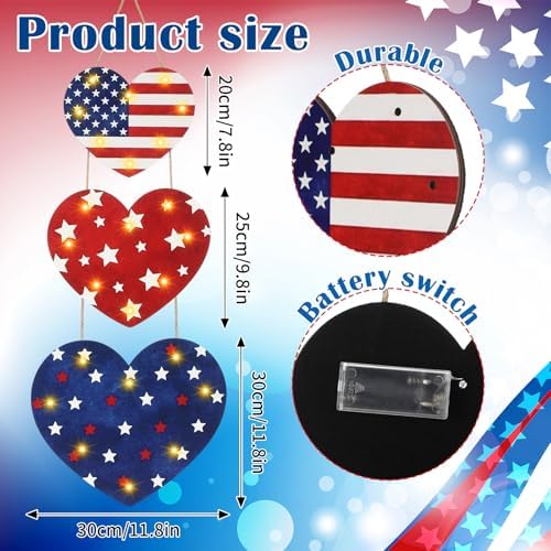 Barydat 3 Pcs 4th of July Decorations Patriotic Lighted Wooden Sign Red White Blue Heart Glitter Hanging Wreaths Plaque with LED Light for 250th Anniversary Independence Day Front Door Porch - Image 4