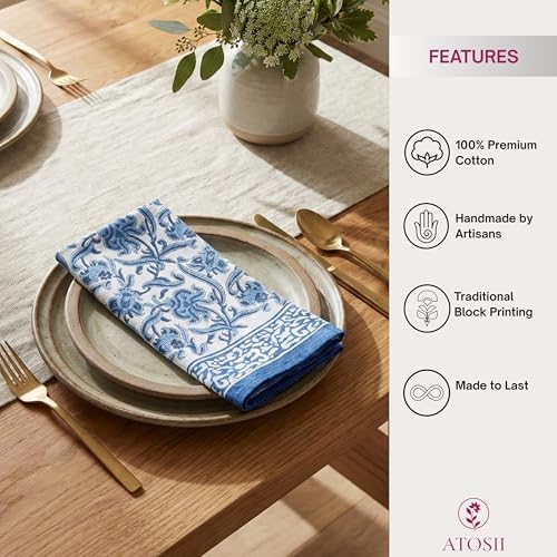 ATOSII Cotton Blockprint Cloth Napkins, Midnight Bloom, Set of 4, 20" X 20" - Image 4