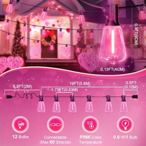 LAMPHOME 4-Pack 26Ft ST38 Outdoor String Lights, Pink LED Shatterproof Patio Lights with 12+1 Edison Bulbs for Valentine's Day, Christmas, Bistro, Wedding & Party Decor - Image 5