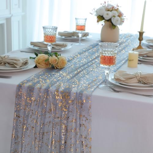 Snowkingdom 10Pcs Dusty Blue Gold Table Runner 10Ft Glitter Sheer Gauze, Metallic Chiffon Cheesecloth Tulle, Sparkly Rustic Party Decorations for Wedding Birthday Baby Shower Baptism Winter Christmas - Image 4