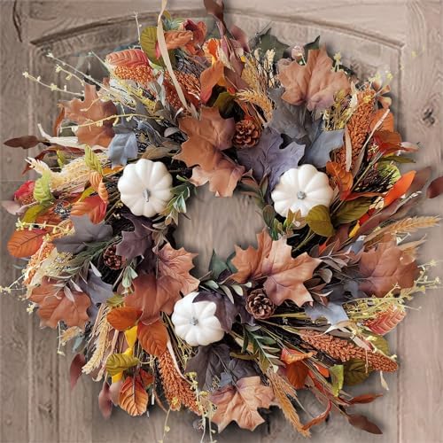 WANNA-CUL 24 Inch Fall Wreath for Front Door with White Pumpkins,Grains, Maple Leaves-Fall Decoration for Home-Large Fall Decor Door Wreath for Autumn,Harvest or Halloween by WANNA-CUL