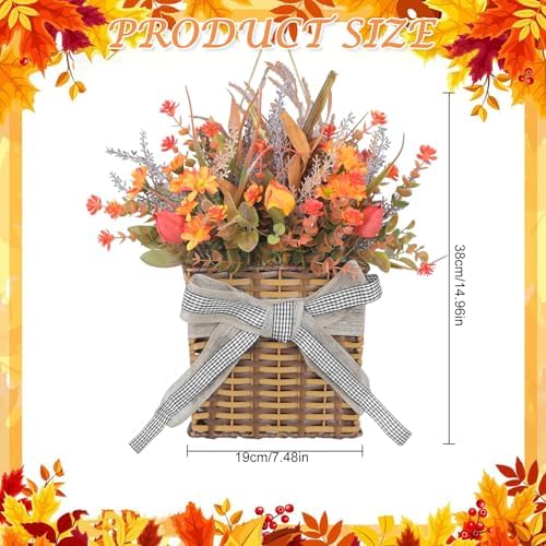 Fall Door Hanger Basket Wreath 15" Artificial Autumn Thanksgiving Wildflowers Wreaths Basket with Lantern Fruits Chrysanthemums Wheat Stems for Front Door Harvest Festival Porch Farmhouse Decor - Image 2