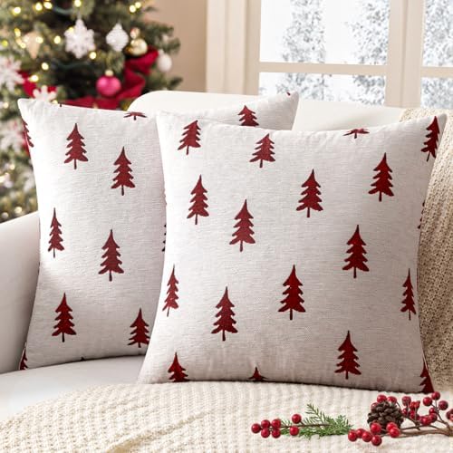 MIULEE Christmas Decorative Chenille Throw Pillow Covers, 18x18 Inch,White Red Tree, Set of 2 Cute Trees with Plaid Patterns Pillows for Sofa Couch Bedroom Chair Xmas Home Decor by MIULEE