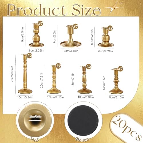 Mumufy 20 Pcs Matte Candlestick Holders, Metal Wedding Taper Candle Holders Vintage Candles Stand Set, Candle Stick Decor for Mantel Table Centerpiece Wedding Dining Table Decor Mantelpiece (Gold) - Image 2