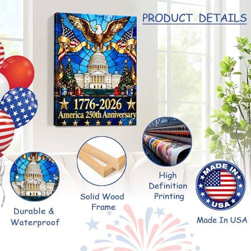 HomeifHue 250th American Anniversary Canvas Wall Art 4th of July USA Decorations American Flag Painting Picture Eagle Pictures Wall Decor Independence Day Home Decor(F1 16x20in) - Image 4