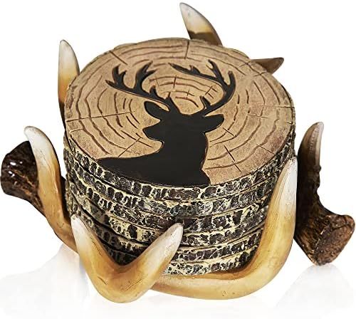 Deer Antlers Coaster Set of 6 – Handcrafted Deer Antler Decor and Man Cave Gifts for Men - 6 Full Size Deer Antlers Coasters for Man Cave Décor by CabinObsession
