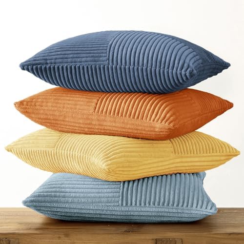 MIULEE Summer Yellow Blue Decorative Throw Pillow Covers 20x20 Inch Set of 4 Soft Corduroy Boho Patchwork Pillow Covers Modern Farmhouse Bright Home Decor for Sofa Living Room Couch Bed - Image 7