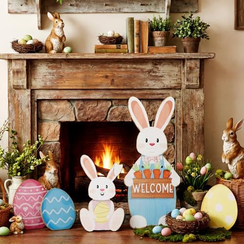 Breezehug 5 Pack Easter Giant Wooden Porch Yard Decorations, 37'' Bunny & Colorful Egg Outdoor Signs with Stands, Welcome Decor for Front Door, Garden, Farmhouse, Spring & Easter - Image 6