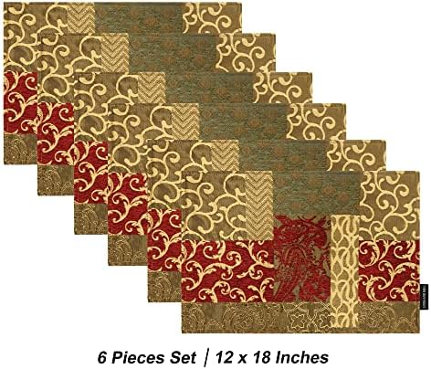 Loom and Mill Luxury Patchwork Damask Placemats Set of 6, Red Gold, 12x18in - Image 3