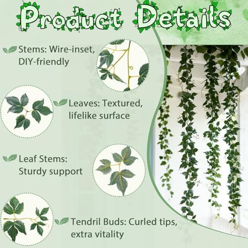 ucky Fake Vines, Eucalyptu Vines Garland, Ivy Vines, Green Artificial Wall Decor Hanging, Wedding Decoration，Flower Bouquet Decoration (4, Boston Vines) - Image 2