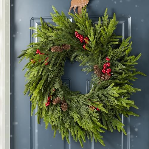 Glitzhome 24 Inch Christmas Wreaths for Front Door, Artificial Greenery Wreath with Pine Cones and Red Berries for Windows, Walls, Porches, Indoor and Outdoor Home Decoration by Glitzhome