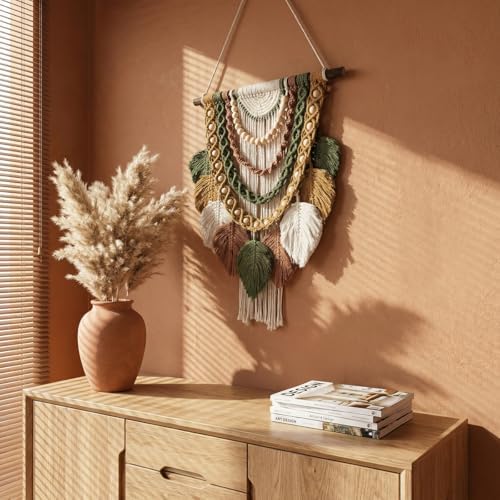 Jditngp Macrame Wall Hanging Boho Leaf Woven Tapestry,Bohemian Chic Home Decor Handmade Leaves Feather Tassel Wood Bead Pendants Wall Art Decorations for Bedroom Living Room Apartment 15.75"WX27.56"L - Image 2