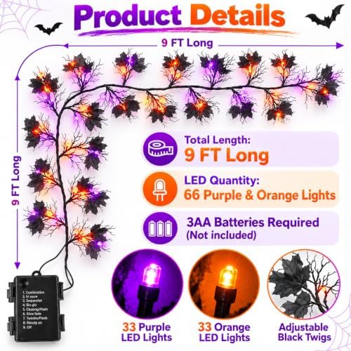 9 Ft 66 LED Willow Vine Twig Decor Black Halloween Garland with Orange Purple Lights, Timer 8 Modes Waterproof Battery Operated Indoor Halloween Decorations for Wall Fireplace Mantle Home Office Decor - Image 2