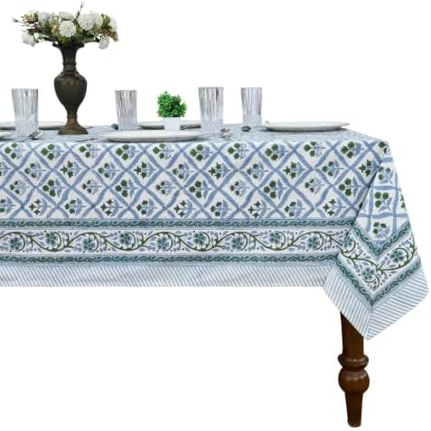 72x140 Inches Rectangle Hand Block Printed Cotton Tablecloth, Green Blue Floral Table Cloths Washable, Indian Table Linen for Outdoor Thanksgiving Gifts Dining Home Decor Outdoor Gift by HomeSpunCrafts
