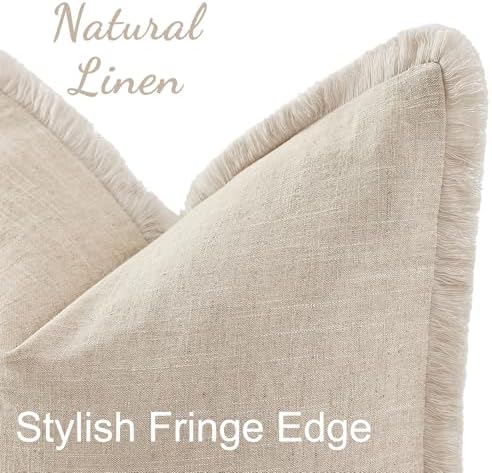 decorUhome Linen Fringe Natural Beige Throw Pillow Covers 20x20 Set of 2 - Image 2