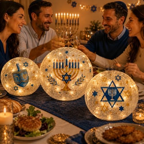 Capoda Hanukkah Decorations, 3 LED Glass Orbs, Judaica Centerpieces - Image 5