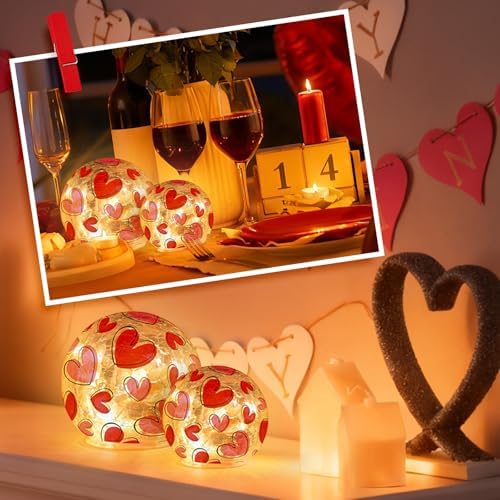 Whaline Valentine's Day Lighted Decorative Glass Ball Crackle Glass Globe Pink Red Love Heart Battery Operated Decoration for Party Home Table Mantel Fireplace, Set of 2 - Image 6