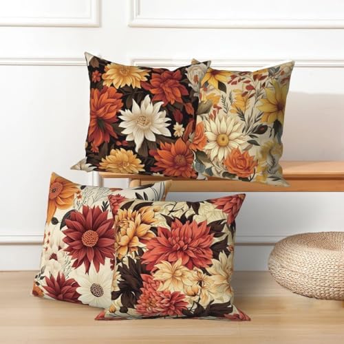 Vintage Floral Throw Pillow Covers 24''x24'' Set of 4, Colorful Flowers Pillow Cases Decorative Printed Cushion Covers for Couch Sofa Bedroom Farmhouse Livingroom Garden Patio Car Outdoor - Image 5