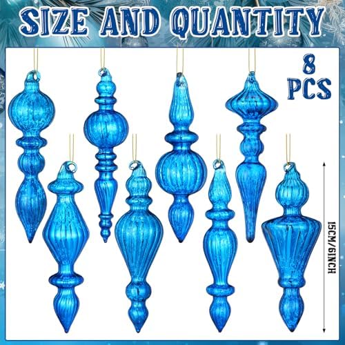 Mifoci 8 Pcs 6 Inch Mercury Glass Finial Christmas Ornaments,Blue - Image 3