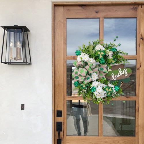 20" St. Patrick’s Day Decorations for Front Door Artificial Green Wreath Lucky Shamrock Board Clover Bow Leaves and Flowers Spring Summer Home Party Outdoor/Indoor Farmhouse Porch Decor - Image 5