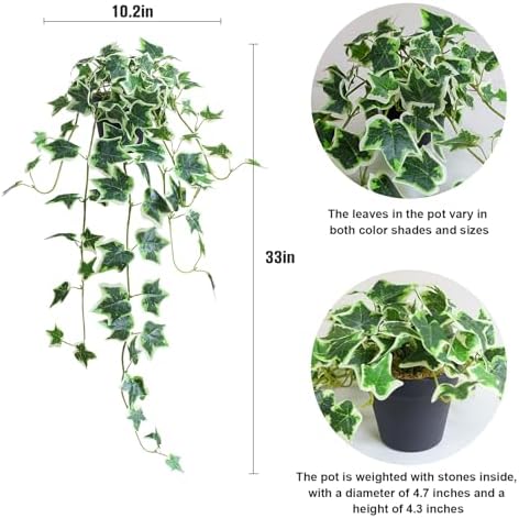 Fake English Ivy Plants in Pots Set of 2 – Realistic Artificial Ivy Greenery for Home Decor, Tabletop, Office, Shelf, Balcony, Lifelike Faux Hanging Vines, No Maintenance Required - White and Green - Image 2