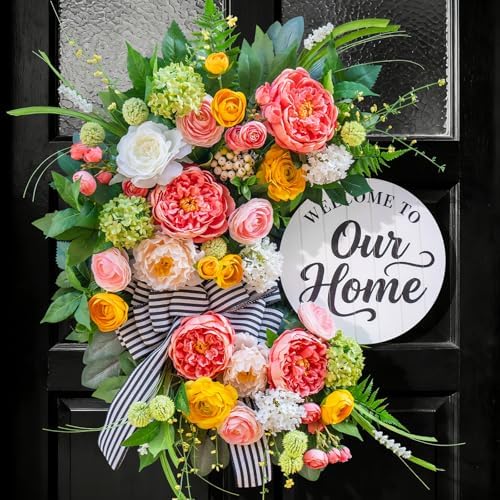 Spring Summer Wreaths for Front Door 24 Inch, Half Moon Wreath with Peony, Rose & Dalia, Outdoor Spring Wreaths for Front Door Outside, Summer Wreath for Front Door Farmhouse Welcome Sign Door Decor by SoomeirWreath