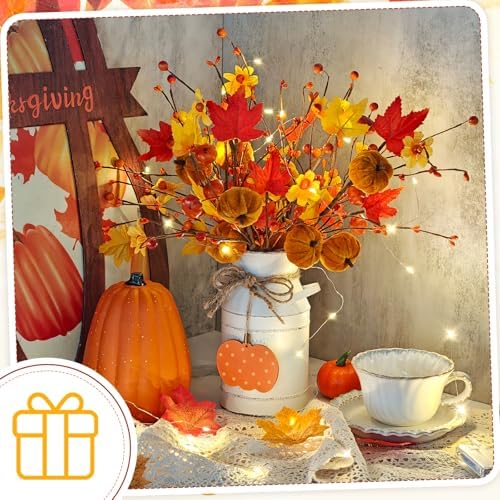 Thanksgiving Centerpieces for Tables Fall Table Decor 5 Pcs Artificial Pumpkins Maple Leaf Stems with Vase, String Lights and Wooden Sign Flowers Arrangements for Autumn Harvest Farmhouse Home Decor - Image 6