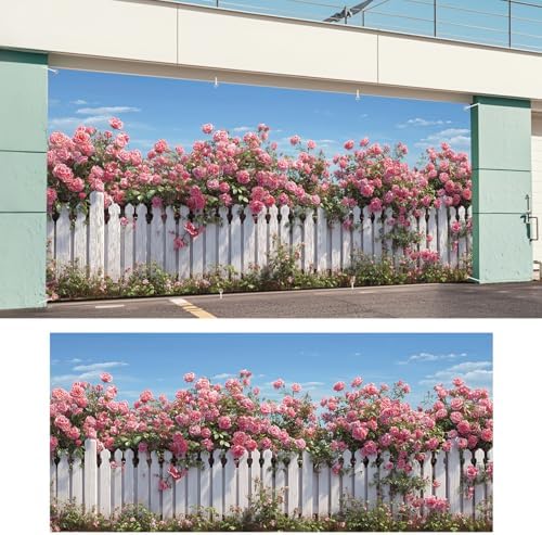 Rose Garden Garage Door Banner 6x13FT, Pink Roses and White Fence Garage Door Cover, Large Outdoor Floral Decoration for Garage Doors, Garden Fence & Spring Summer Party Backdrop - Image 6