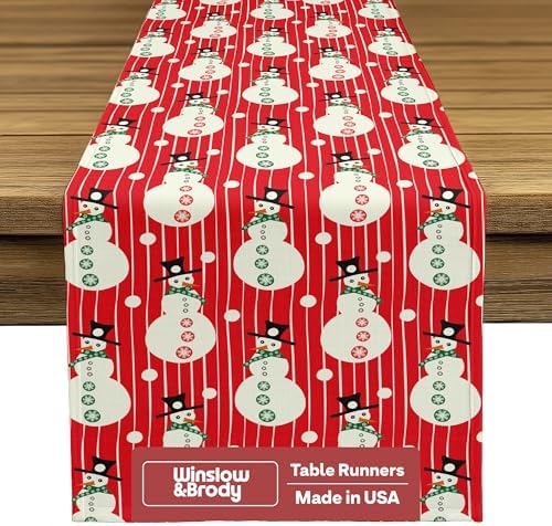 Christmas Table Runners | Red Snowman | Seasonal Table Decorations | Home Kitchen Decor | Made in The USA | Stain Resistant | 14" x 108" Long by FabricTextileProductsInc