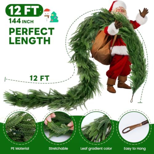 12 FT Artificial Norfolk Pine Garlands with Lights, Pre-Lit Christmas Garland, Real Touch Pine Artificial Faux Greenery Garland for Table, Mantle, Wall, Indoor, Outdoor Christmas Decorations - Image 4