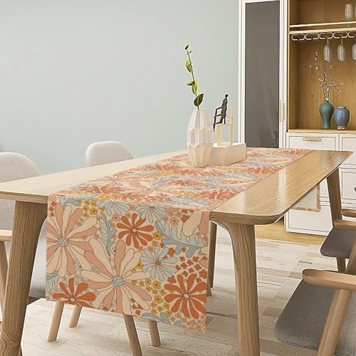 Vintage 70s Floral Table Runner Hippie Boho Abstract Aesthetics Flowers Dinner Runner for Home Birthday Party Kitchen Dining Table Decoration 13x120in - Image 2