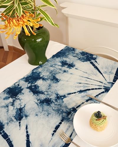 Natural Indigo Dye Table Runner, Handmade Tie-Dye with Blue and White Interlaced Design, 100% Cotton Blue Decorative Table Runner for Dining and Parties, Table Décor (Orchid, 17"x69") by DYEWEAVE