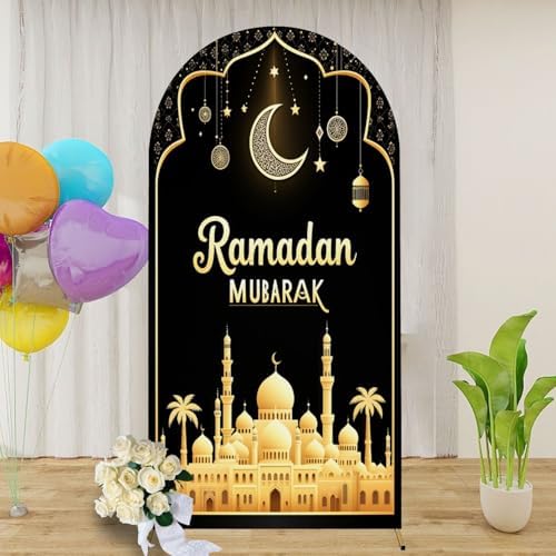 6.6FT Arch Backdrop Cover Black Gold Eid Ramadan Mubarak Photography Holiday Welcome Crescent Wedding Arch Cover Spandex Fitted Stretchy Backdrop Stand Covers for Birthday Party Wedding Decoration by Unknown