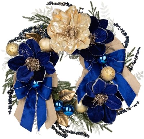 24" Christmas Wreath for Front Door with Blue Magnolia Artificial & Berries by NatureCrafted