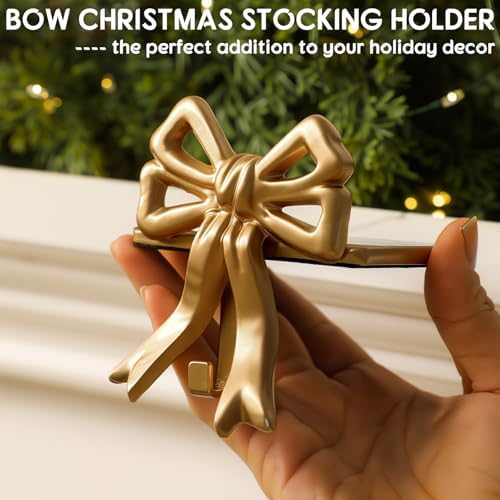MorningRo 4 Pcs Gold Bow Christmas Stocking Holder Heavy Duty Cast Iron - Image 3
