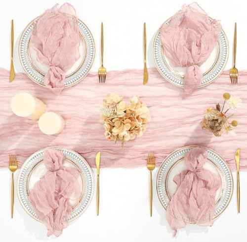 2 Cheesecloth Table Runners and 24 Napkins Set, 10Ft Boho Cheese Cloth Table Runners 20 x 20 Inch Rustic Wrinkled Gauze Napkins for Wedding Birthday Baby Shower Party Decor (Dusty Pink) - Image 4
