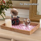 Rectangle Rattan Tray with Mother of Pearl Inlay, Rattan Serving Tray with Handle for Coffee, Bread, Fruits, Decorative Wicker Tray for Table Decor (Rectangle Pink Checkerboard, 13"×9") - Image 6