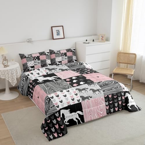 Girls Unicorn Comforter Queen Girly White Horse Bedding Western Cowboy Cowgirls Quilt Patchwork Buffalo Plaid Duvet Insert Arrow Stripes Wild Animal Soft Down Comforter 3Pcs Bedroom Decor,Pink Black - Image 3