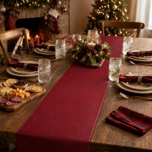Red Faux Leather Table Runner Waterproof Heatproof for Christmas 108 inch - Image 6