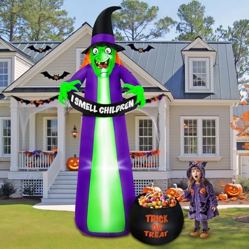 8Ft Halloween Inflatables Witch Outdoor Decorations with Candy Cauldron, Scary Blow Up Witch Holds I Smell Children Banner, Inflatable Halloween Build-in LEDs for Party Yard Lawn Garden Decor by BRDJade
