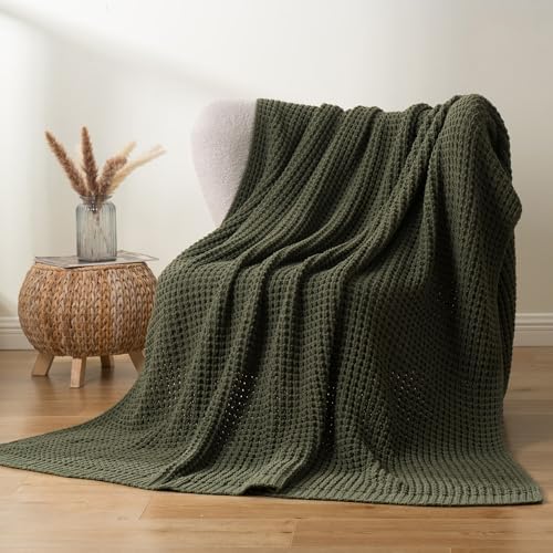Olive Green Throw Blanket for Couch, Waffle Knit Blanket Throw 60"x80" - Image 2