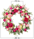 Yawwind 20 Inches Summer Wreath for Front Door Farmhouse Summer Door Wreaths Elegant Spring Floral Wreath with Tulips Rose Flocked Lambs Ear for Wall Window Porch Indoor Decor - Image 3