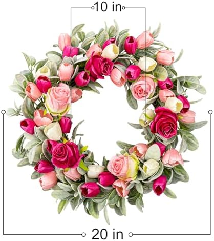 Yawwind 20 Inches Summer Wreath for Front Door Farmhouse Summer Door Wreaths Elegant Spring Floral Wreath with Tulips Rose Flocked Lambs Ear for Wall Window Porch Indoor Decor - Image 3