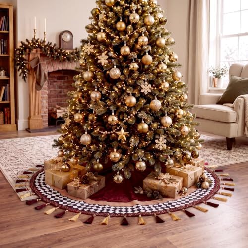 Blueweenly 48 Inch Christmas Tree Skirt with Gold and Red Tassel Velvet - Image 5