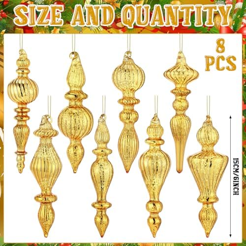 Mifoci 8 Pcs 6 Inch Mercury Glass Finial Christmas Ornaments,Gold - Image 2