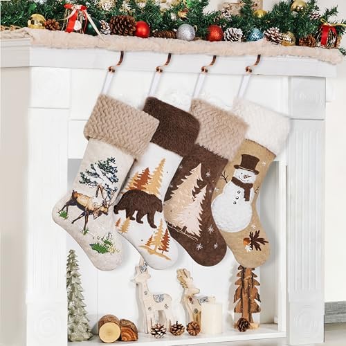 LUBOT 4 Pack Christmas Stockings 20" Set of 4 3D Towel Embroidery Sequin Mix Large Family Xmas Stocking Set Gifts Rustic Farmhouse Stocking Fireplace Hanging Holiday Decor - Image 2