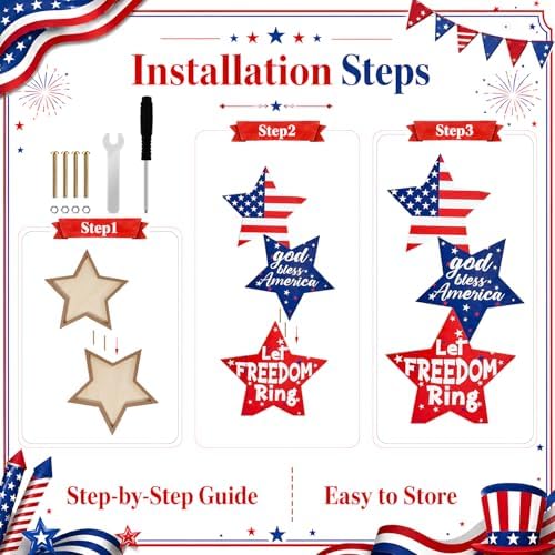 4th of July Large Wooden Star Porch Sign, Independence Day Standing Decoration God Bless America Star Shape Sign for Patriotic 250 Anniversary Red White Blue Outdoor Indoor Yard Front Door - Image 4